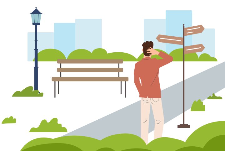 Illustation of man facing away scratching his head while looking at signpost on a path near a bench and lamppost as in an urban park.